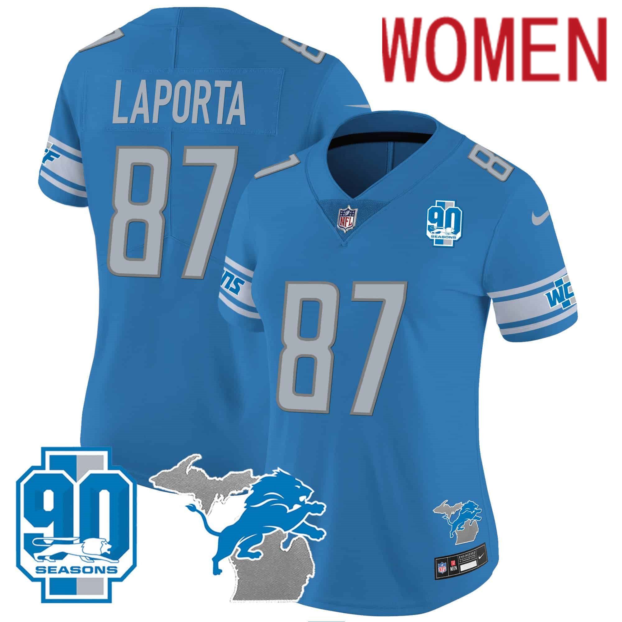 Women Detroit Lions #87 Laporta Blue 2024 Nike 90th Year Michigan Patch Vapor NFL Jersey style 1
